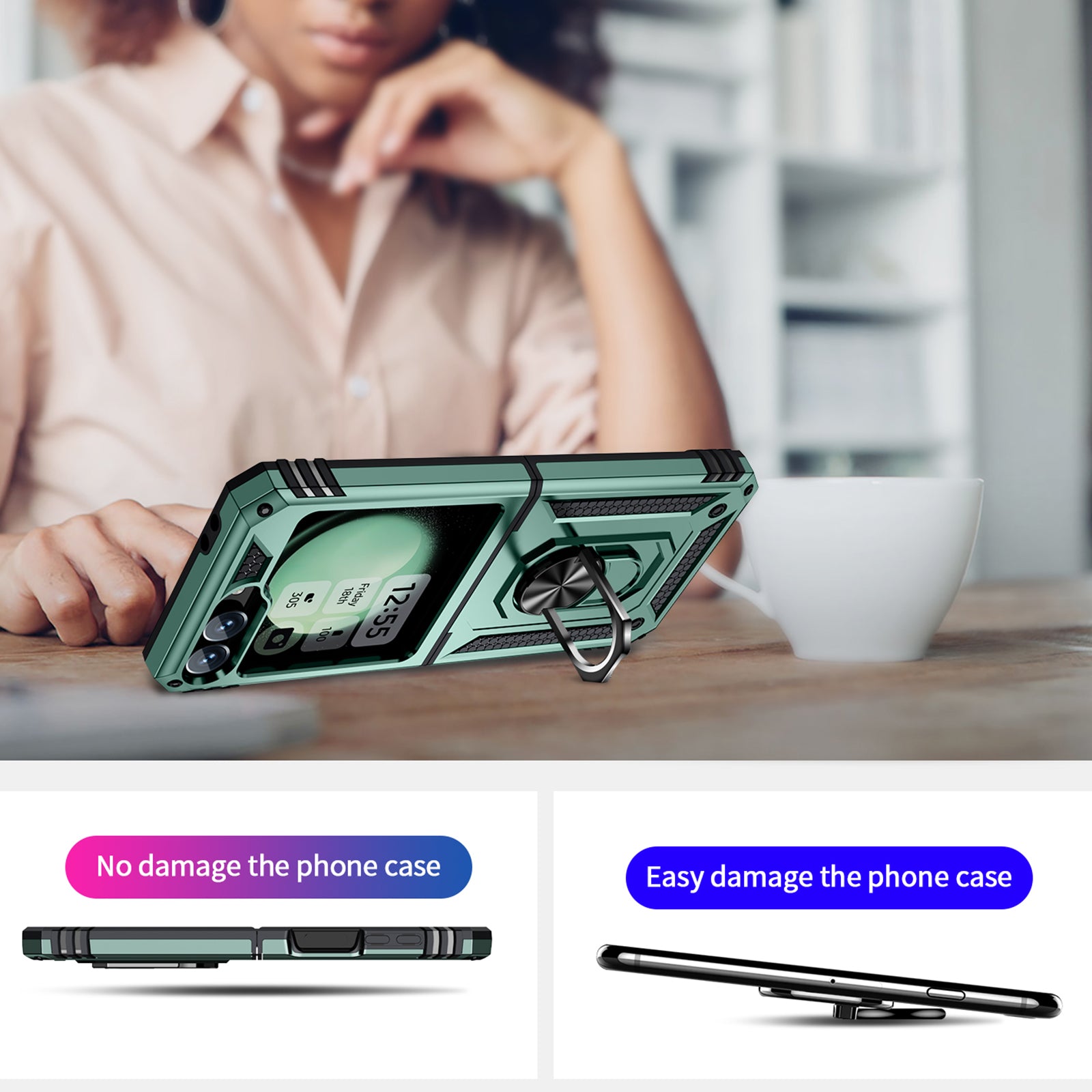 For Samsung Galaxy Z Flip5 5G Case TPU+PC Phone Cover with Ring Kickstand Drop Protection - Blackish Green For Samsung Galaxy Z Flip5 5G Case TPU+PC Phone Cover with Ring Kickstand Drop Protection - Blackish Green
